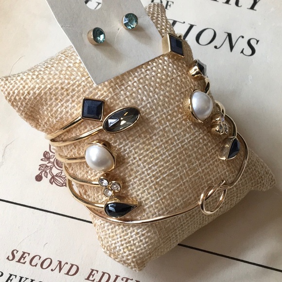 6 Jeweled Bracelets Cuff Bangles 1 Pair Pierced Earrings Gold Tone Bundle NWOT - Picture 4 of 7